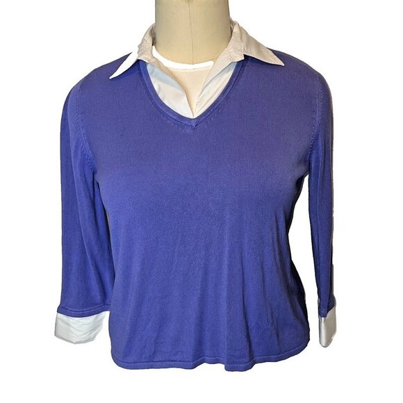 Notations Womnen's 1X Purple Sweater with White Shirt Collar and Cuff Sleeves - Picture 1 of 8